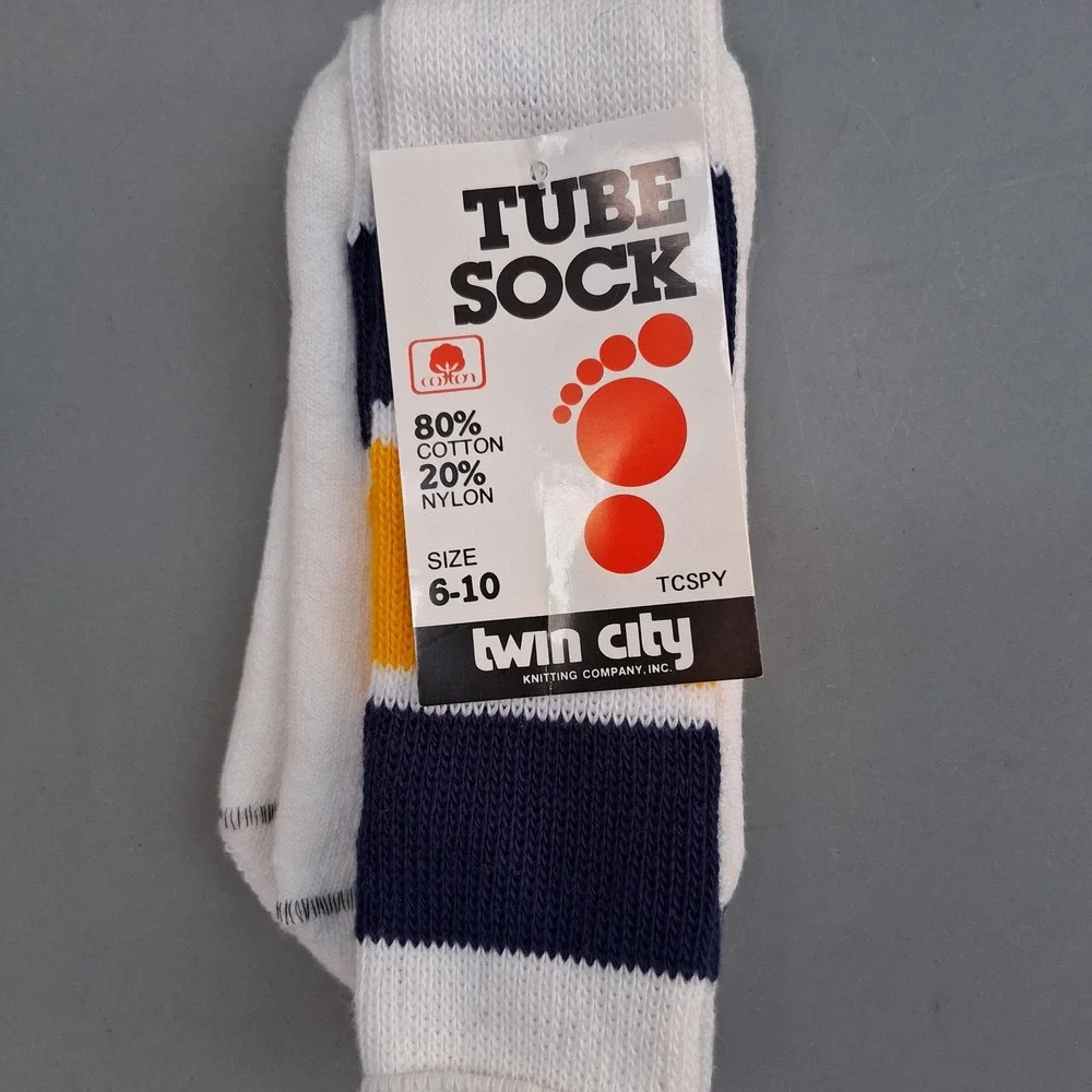 Vtg NOS Deadstock Twin City White Navy Gold Striped Boys Tube Socks 6-10 USA